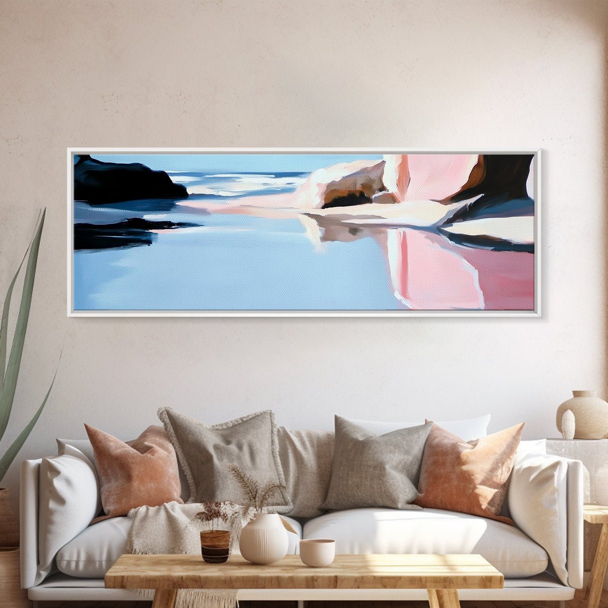 Reflected Ocean Scene, Coastal Landscape Print, Tranquil Beach Art, Blue Pastel Painting, Large Canvas Print, Living Room Wall Decor