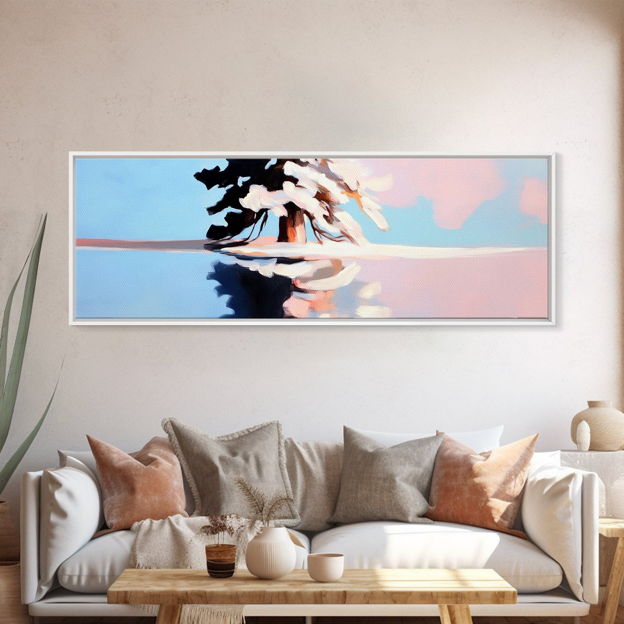 Winter Tree Reflection, Snowy Landscape Print, Serene Nature Art, Pastel Painting, Large Canvas Print, Minimalist Home Decor, Office Art