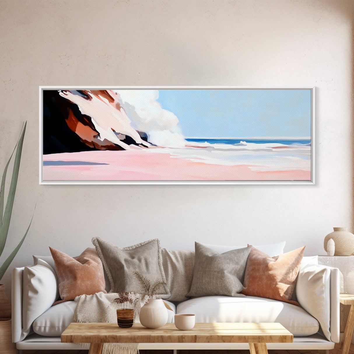 Sunset Cliffs, Ocean Mist, Coastal Landscape, Relaxing Wall Art, Beach Retreat, Soft Pastel Colors, Framed Canvas Print, Contemporary Style