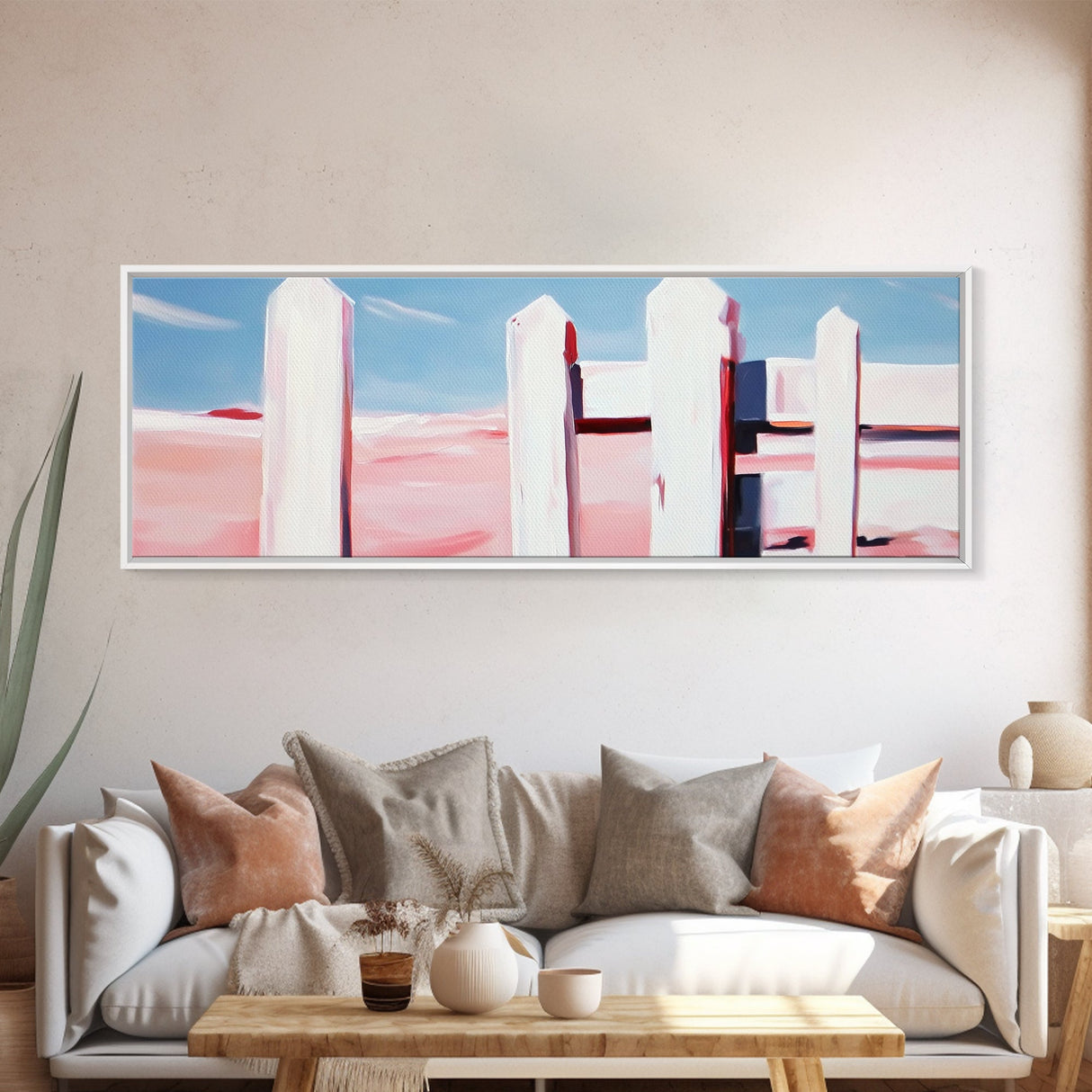 White Fence, Pastel Horizon, Modern Country Art, Minimalist Home Decor, Canvas Print, Farmhouse Wall Art, Soft Neutral Tones, Elegant Art