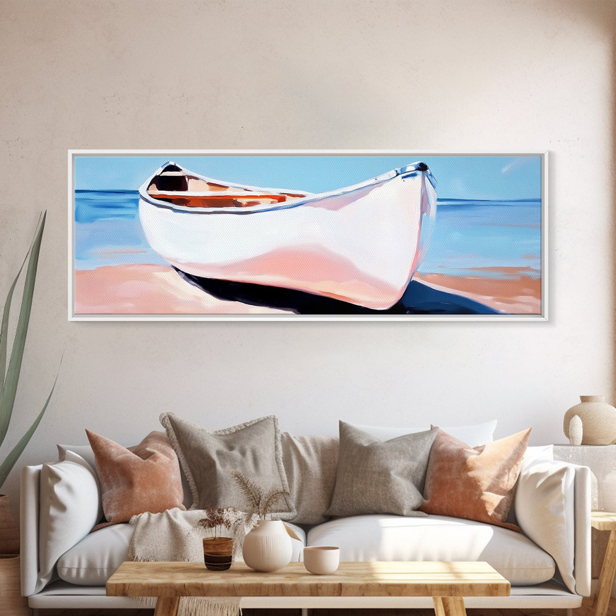 White Canoe, Coastal Wall Art, Seaside Aesthetic, Framed Canvas Print, Minimalist Boat Painting, Nautical Beach House Art, Ocean Decor