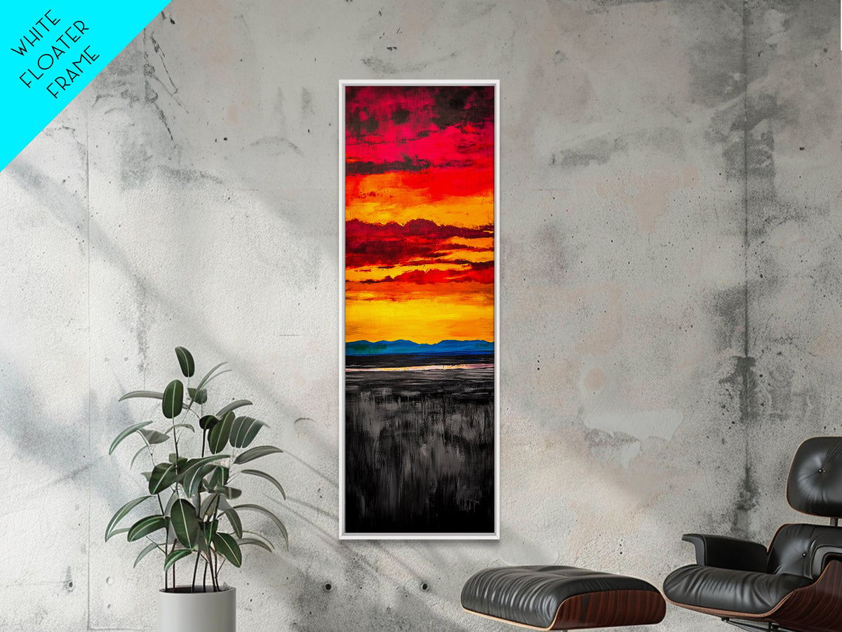 Fiery Sunset Painting, Dramatic Red Orange Sky, Bold Abstract Landscape, Framed Canvas Print, Modern Wall Decor, Living Room Art
