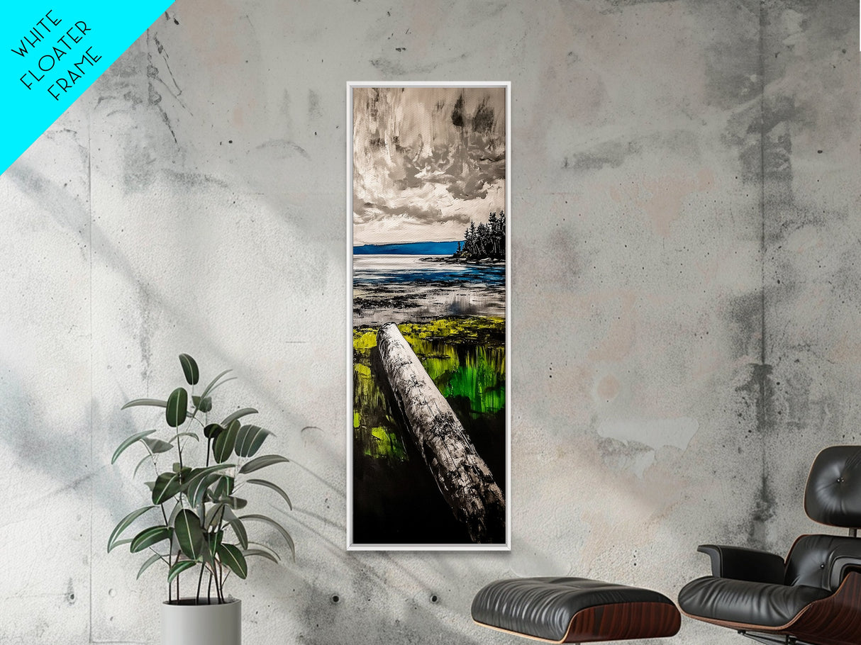 Driftwood Coast, Coastal Landscape, Beach Art, Ocean Decor, Natural Serenity, Rustic Style, Blue And Green Art, Framed Canvas Print
