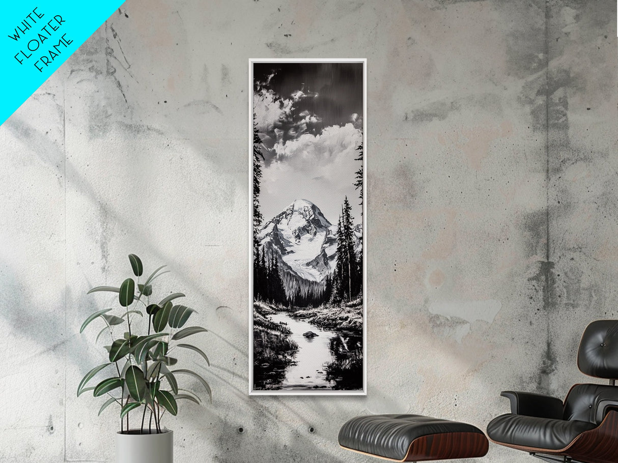 Snowy Peak, Mountain Reflection, Black White Nature, Adventure Landscape, Cabin Decor, Hiking Art, Framed Canvas Print