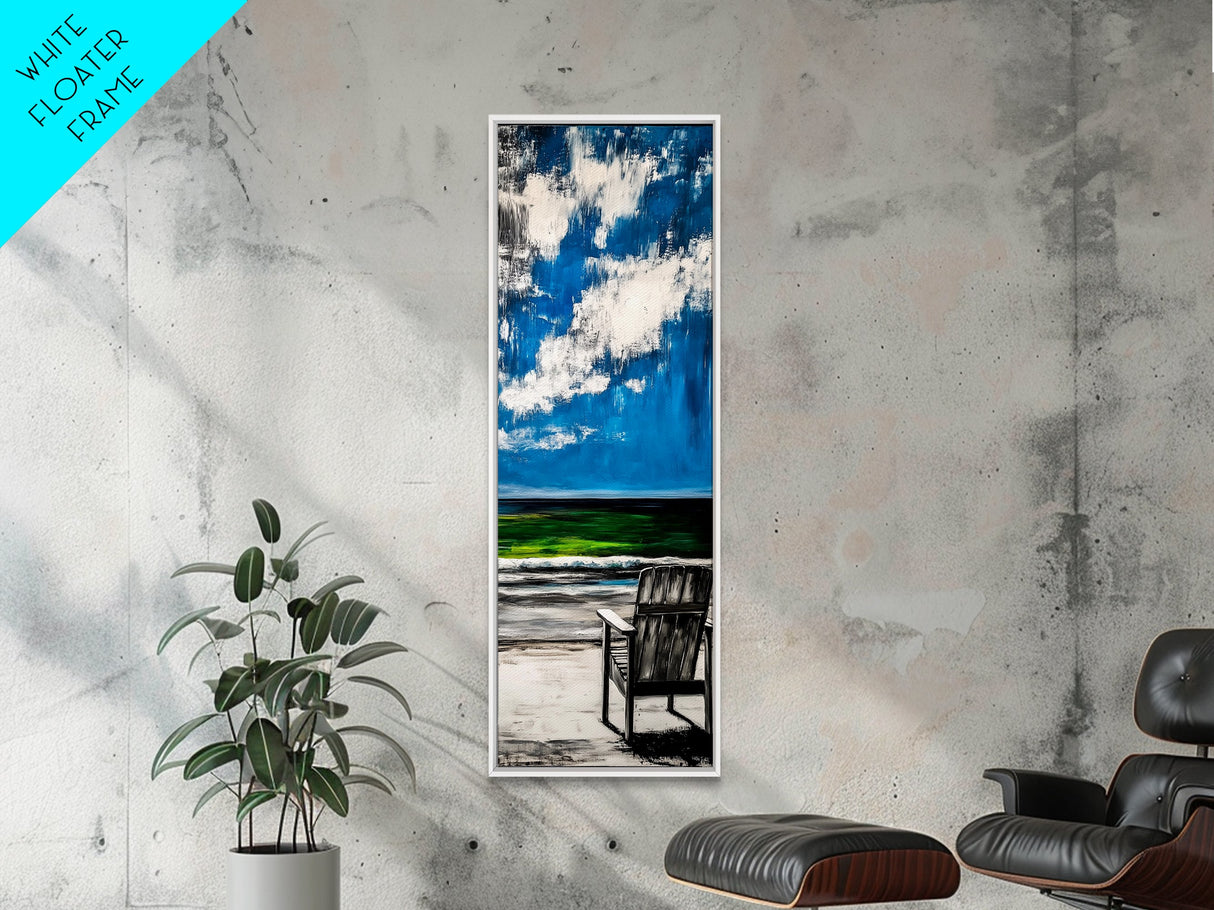 Seaside Chair, Ocean View, Relaxing Beach, Framed Canvas Print, Coastal Wall Art, Serene Landscape, Beach House Decor, Living Room Art