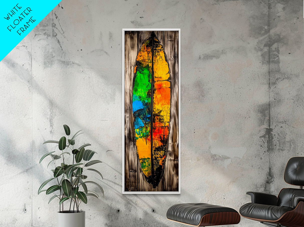 Rustic Surfboard, Abstract Art, Beach House Decor, Framed Canvas Print, Boho Wall Art, Coastal Living Room Artwork, Vibrant Painting