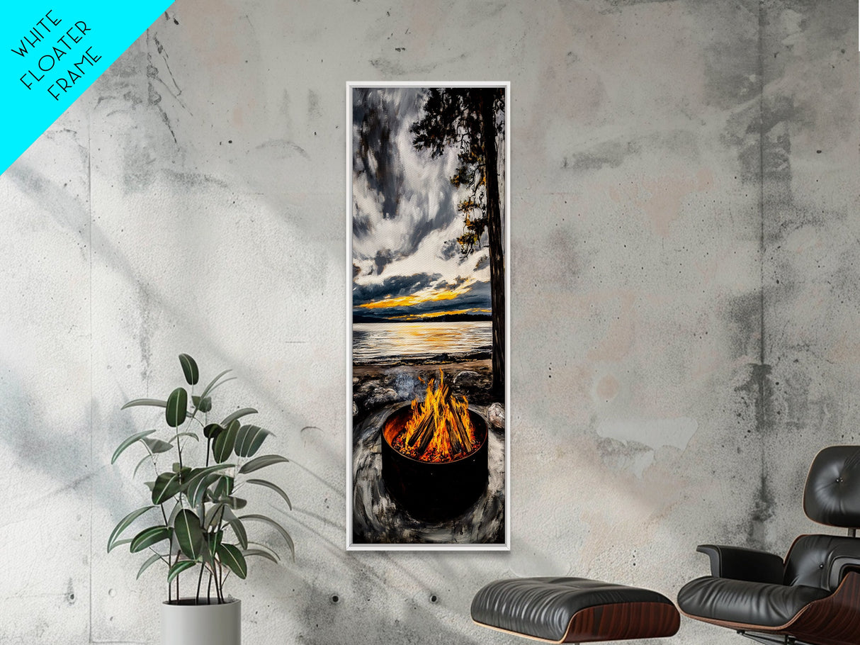 Sunset Fire Pit, Cozy Camping Decor, Lakeside Bonfire, Outdoor Wall Art, Framed Canvas Print, Rustic Lodge Art, Warm Tones, Cabin Decor