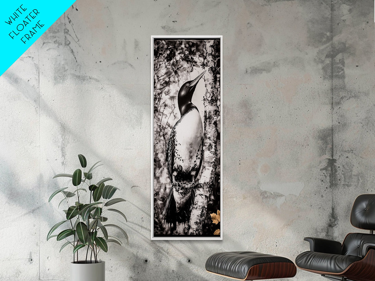 Loon and Birch, Woodland Wildlife Art, Black and White Bird Print, Canvas Print, Rustic Cabin Decor, Nature Inspired Wall Art