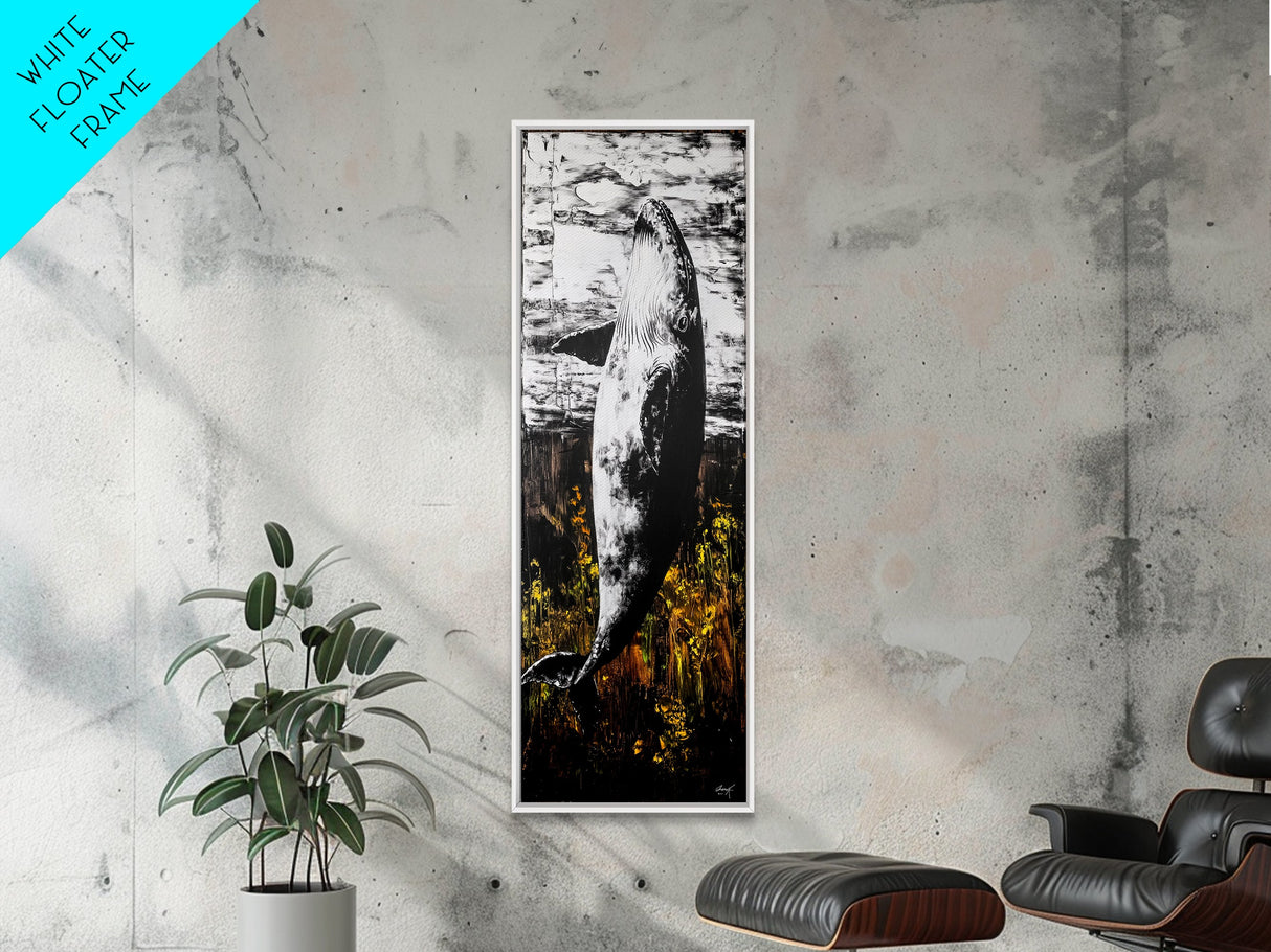 Whale Breach, Black and White Art, Ocean Wildlife, Nautical Decor, Framed Canvas Print, Coastal Home Art, Marine Life Wall Art