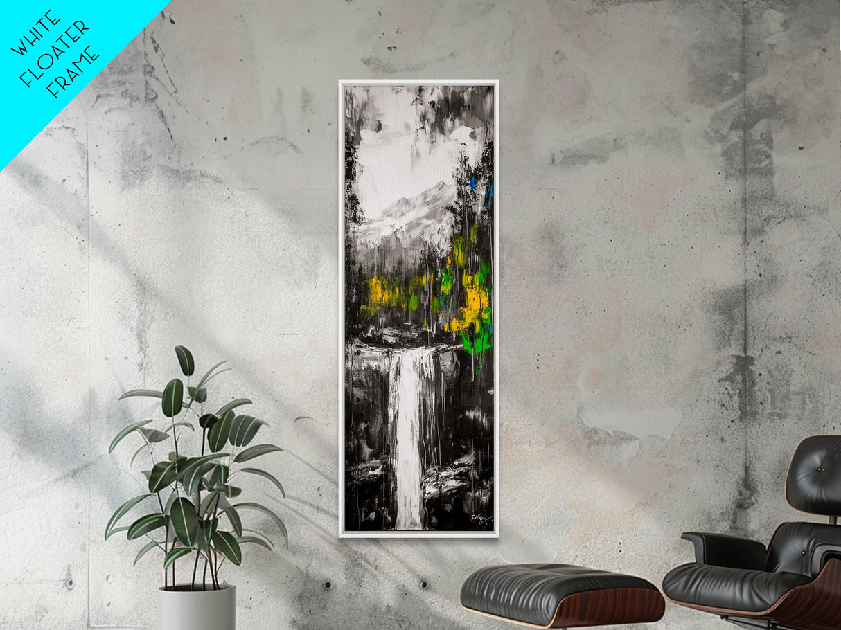 Waterfall Scene, Mountain Landscape, Abstract Nature Art, Canvas Print, Wilderness Wall Art, Green Yellow Decor, Adventure Home Decor
