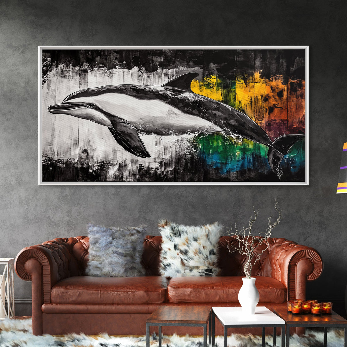 Dolphin Painting, Ocean Wildlife, Vibrant Colors, Coastal Wall Art, Black and White Animal Art, Framed Canvas Print, Beach House Decor