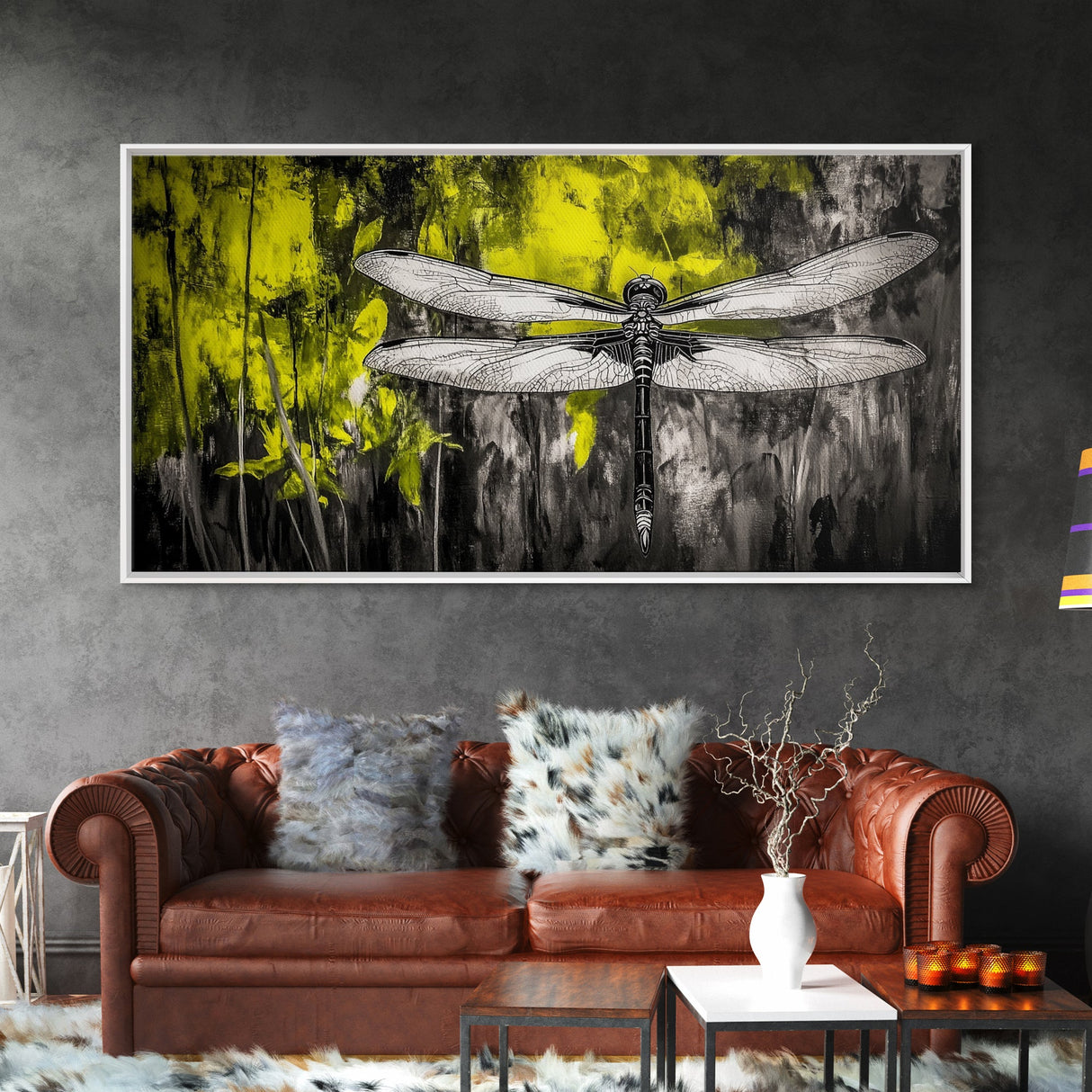 Dragonfly Art, Nature Insect, Modern Botanical, Black and White Sketch, Yellow Green Abstract, Framed Canvas Print, Bedroom Wall Decor