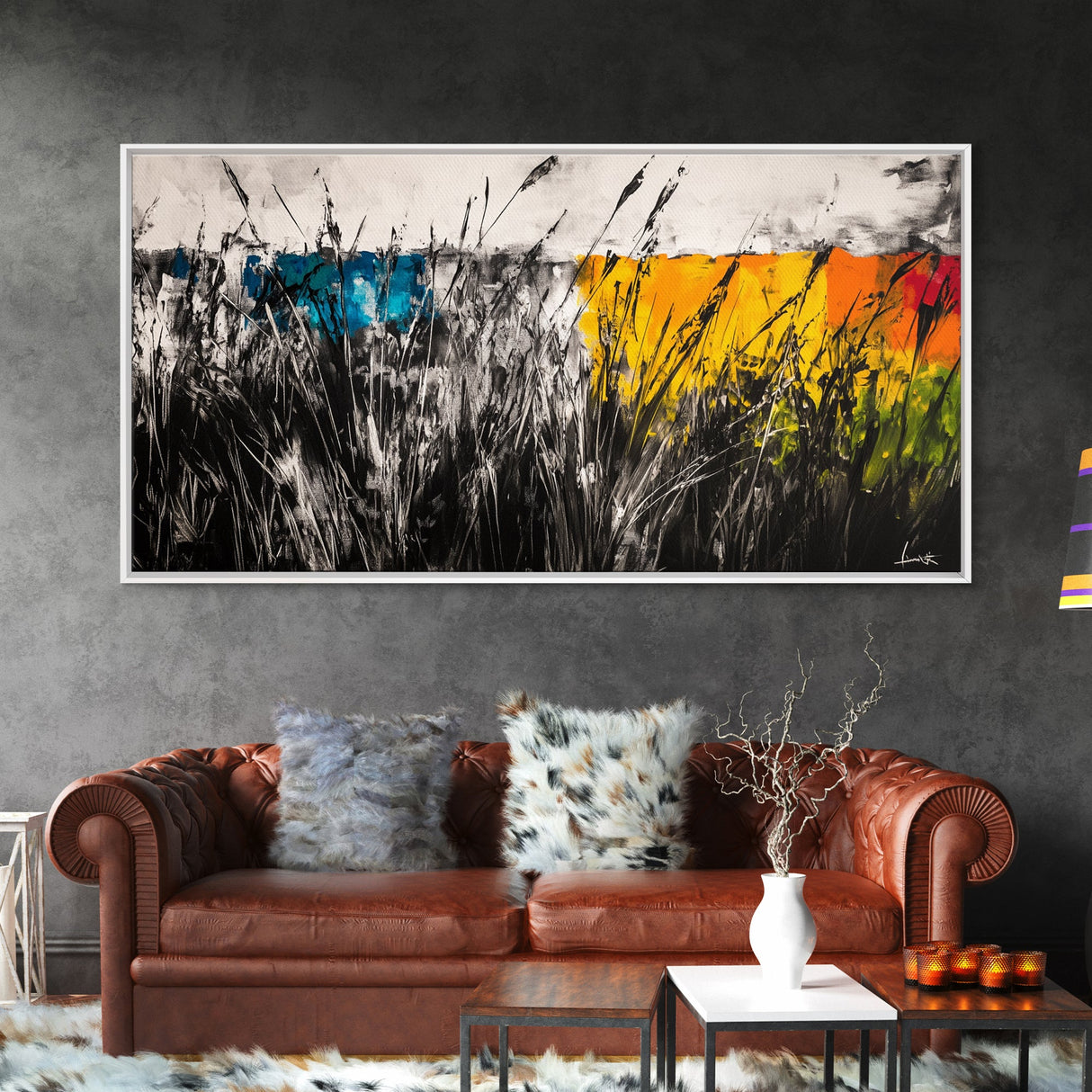 Abstract Field, Colorful Grass, Modern Landscape, Framed Canvas Print, Fall Wall Art, Boho Home Decor, Large Wall Art, Bedroom Wall Art