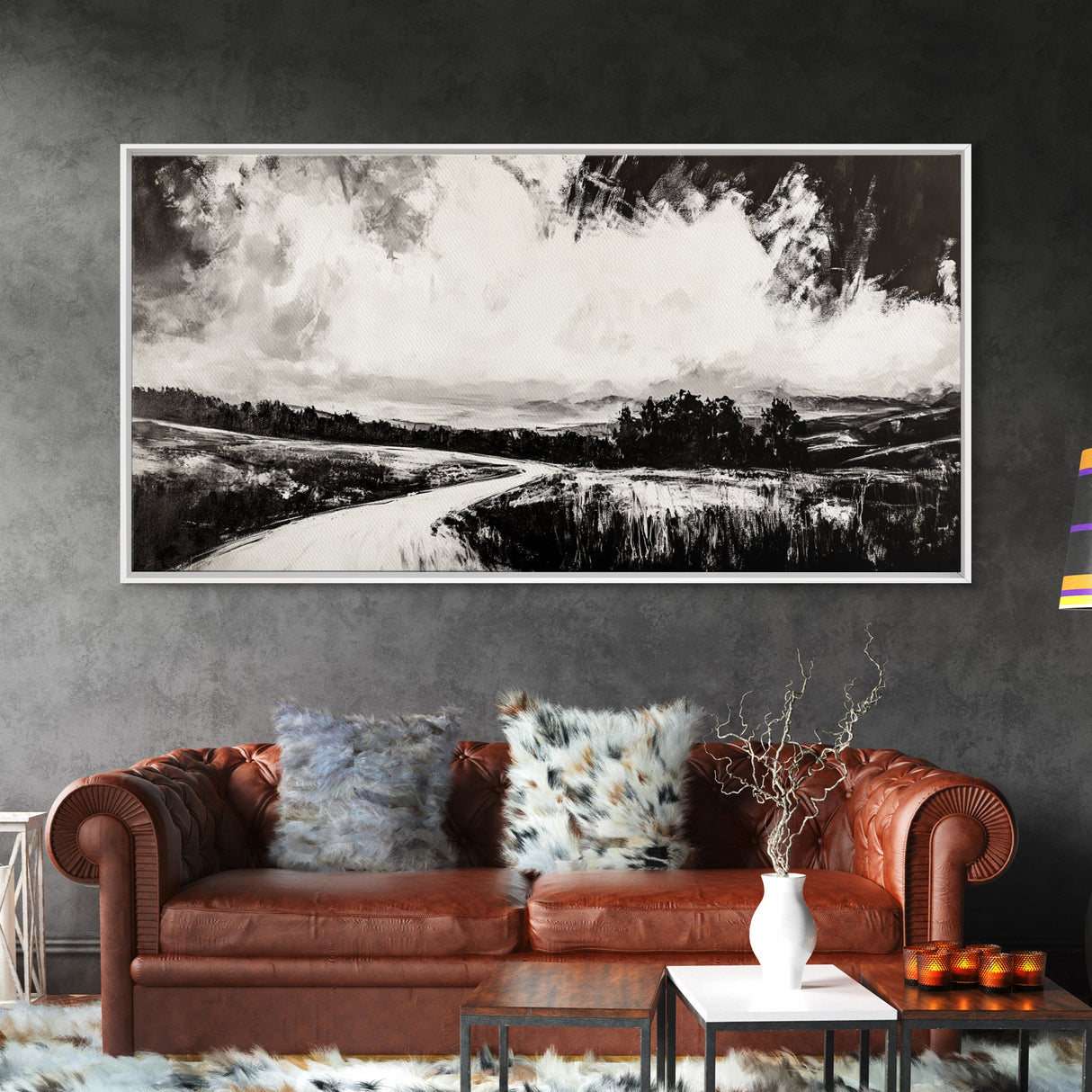 Country Road, Black and White, Minimalist, Framed Canvas Print, Rustic Landscape, Entryway Wall Art, Neutral Wall Decor, Farmhouse Style