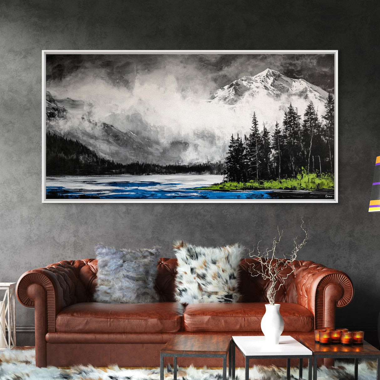 Snowy Mountains, Misty, Forest, Black and White, Canvas Print, Rustic Cabin Decor, Winter Wall Art, Nature Home Decor, Living Room Art