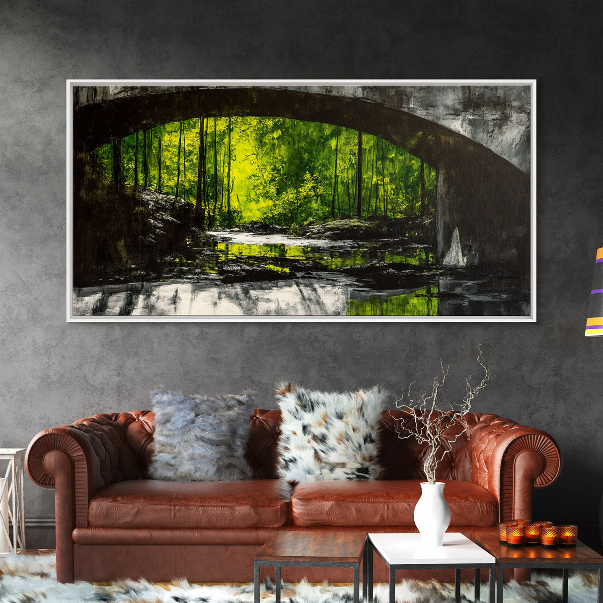 Forest Bridge, Green Nature Art, Canvas Print, Moody Landscape Painting, Rustic Wall Decor, Dark Green Art, Bedroom Wall Art