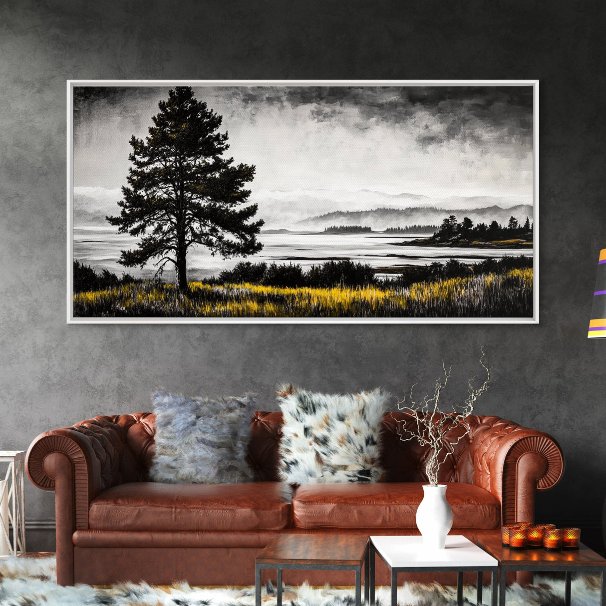 Foggy Pine Tree Art, Landscape Canvas Print, Black and White Painting, Autumn Wall Decor, Cabin Inspired Artwork, Framed Canvas Print