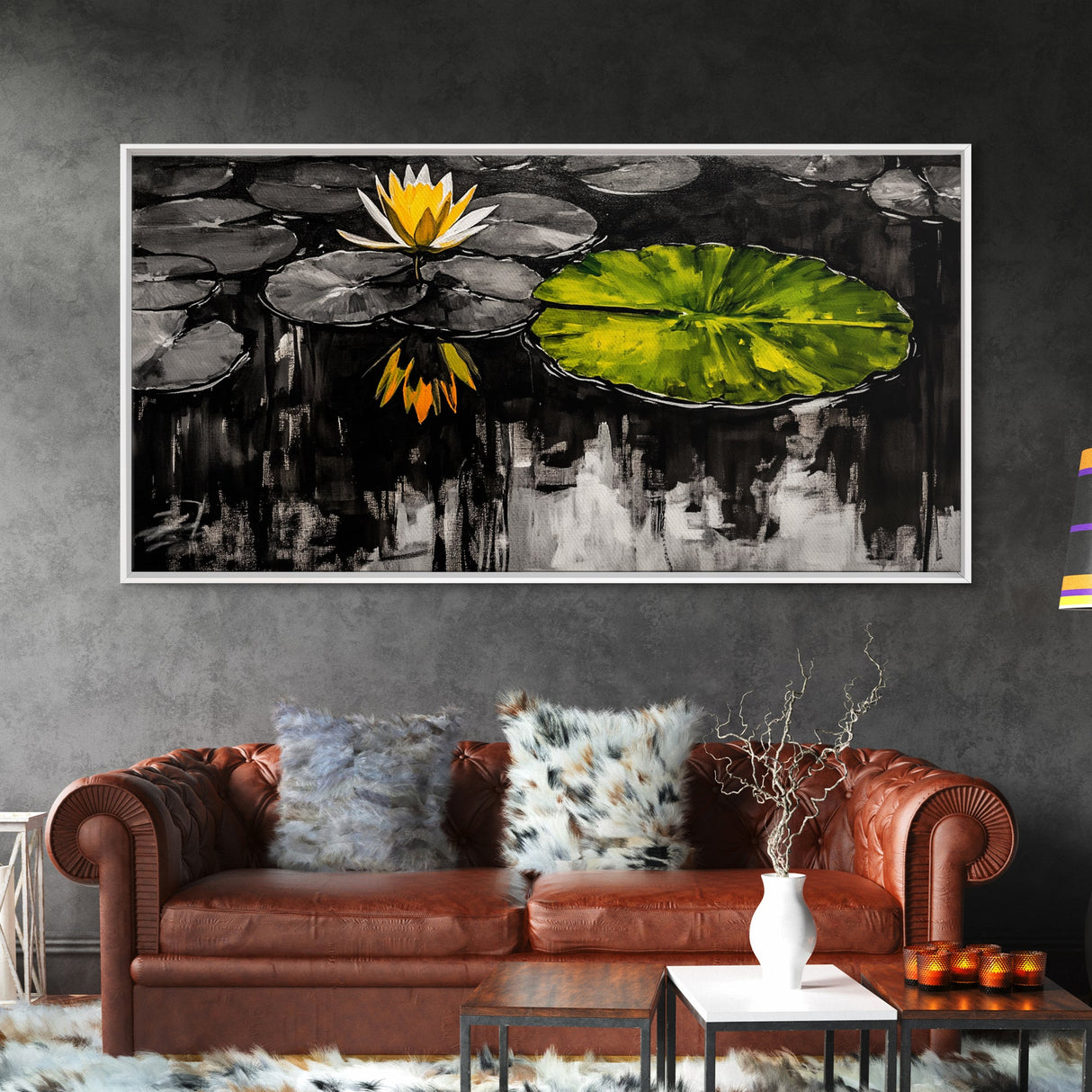 Lotus Pond, Serenity, Zen, Framed Canvas Print, Black and White Nature Art, Japanese Water Lily Decor, Minimalist Meditation Wall Art