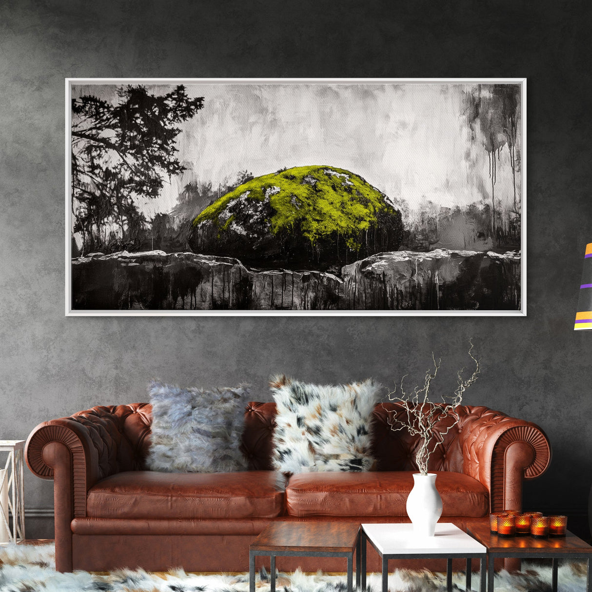 Mossy Rock, Abstract Nature, Green and Black Art, Canvas Print, Rustic Wall Decor, Boho Artwork, Modern Farmhouse Decor