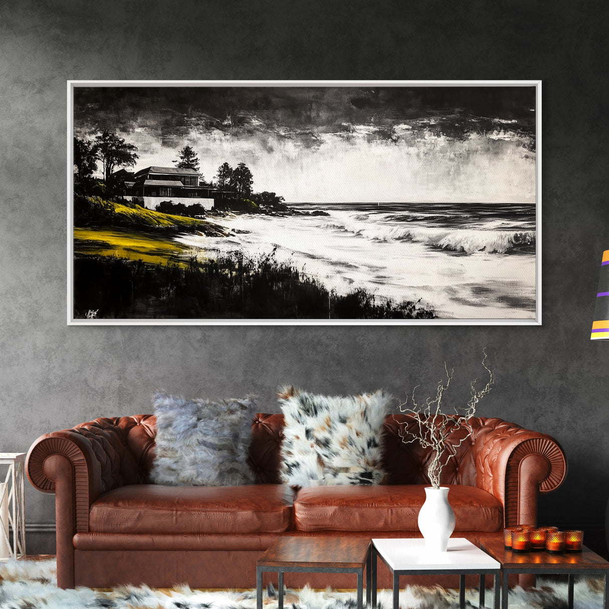 Coastal Landscape, Black and White, Framed Canvas Print, Beach House Wall Art, Nautical Decor, Ocean View Art, Minimalist Seascape