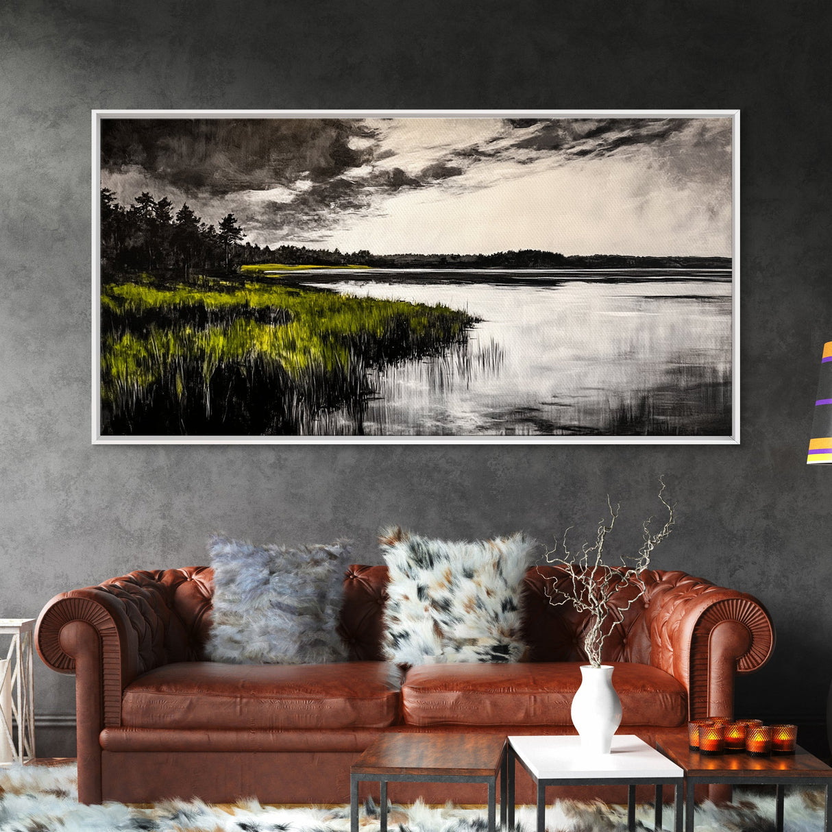 Marshland, Moody Sky, Lakeside View, Canvas Print, Nature Photography, Living Room Wall Art, Rustic Landscape, Neutral Tones Decor