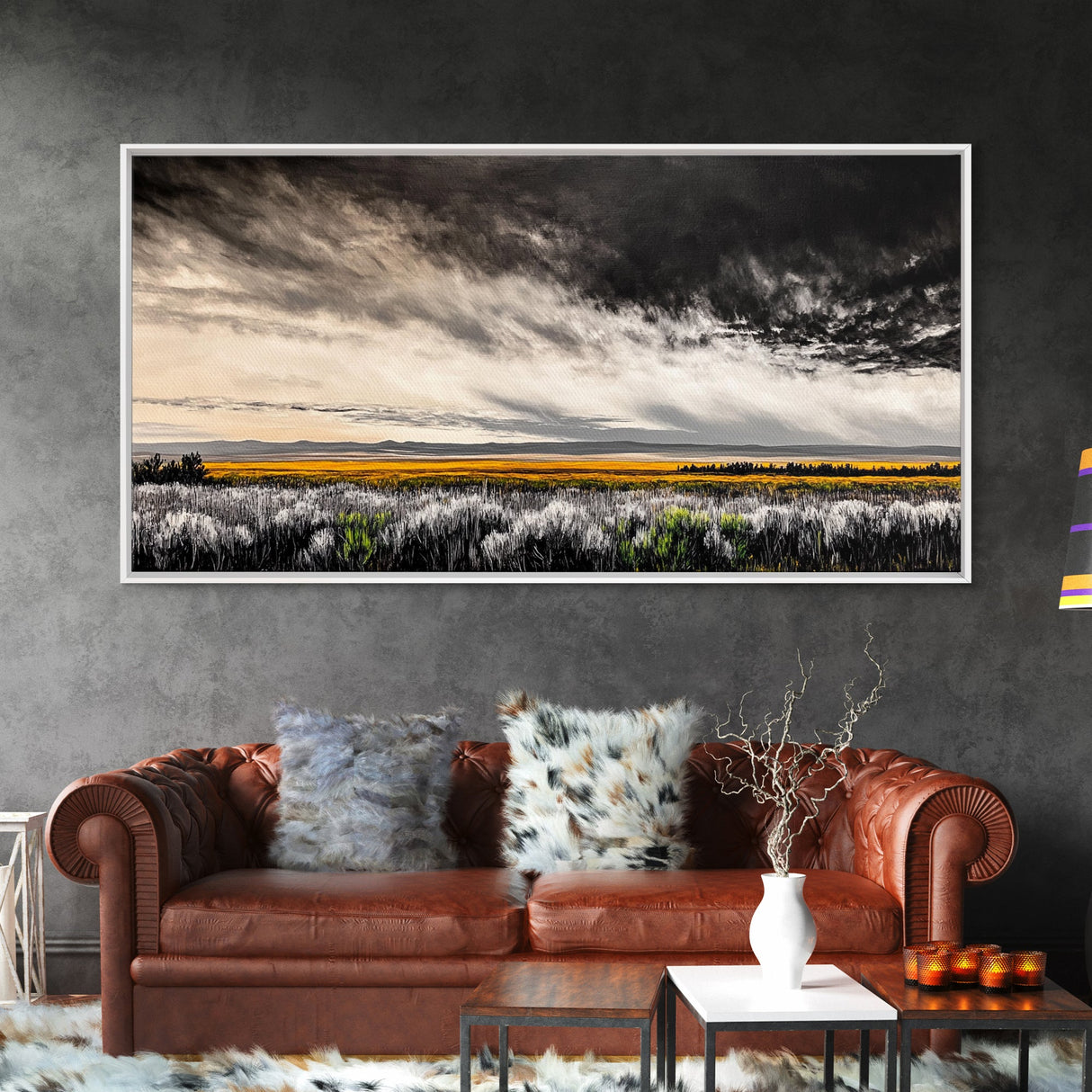 Open Field, Dramatic Sky, Autumn Horizon, Framed Canvas Print, Fall Landscape, Neutral Home Decor, Entryway Art, Rustic Wall Art
