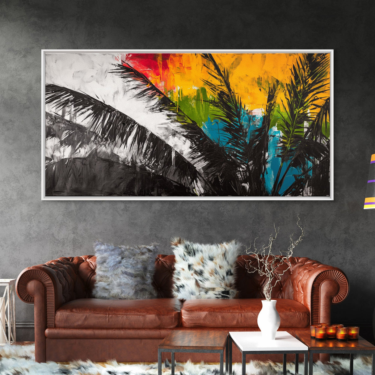 Tropical Palm Leaves, Sunset Art, Beach House Decor, Vibrant Coastal Painting, Island Vibes, Framed Canvas Print, Bedroom Wall Art