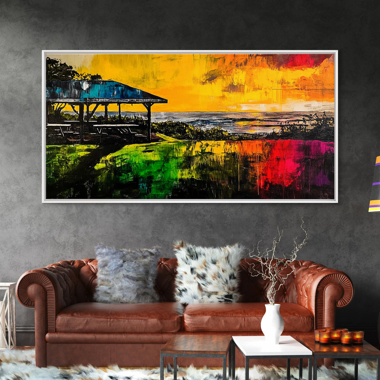 Sunset Pavilion, Coastal Art, Beach Painting, Framed Canvas Print, Vibrant Landscape, Ocean Sunset, Living Room Wall Art, Bold Colors