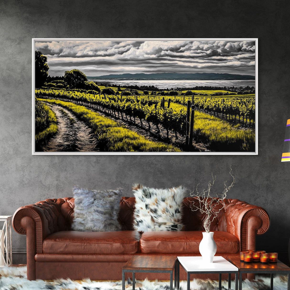 Vineyard View, Rolling Hills, Country Art, Framed Canvas Print, Rustic Landscape, Black White Yellow, Living Room Wall Art, Large Canvas