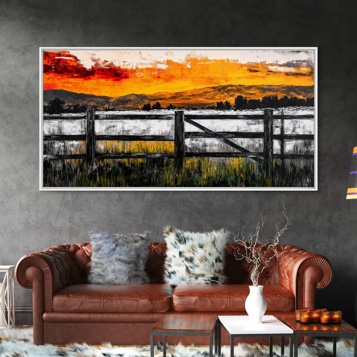 Sunset Fence, Mountain View, Rustic Canvas Print, Large Wall Art, Autumn, Farmhouse Painting, Framed Canvas Print, Moody Home Decor