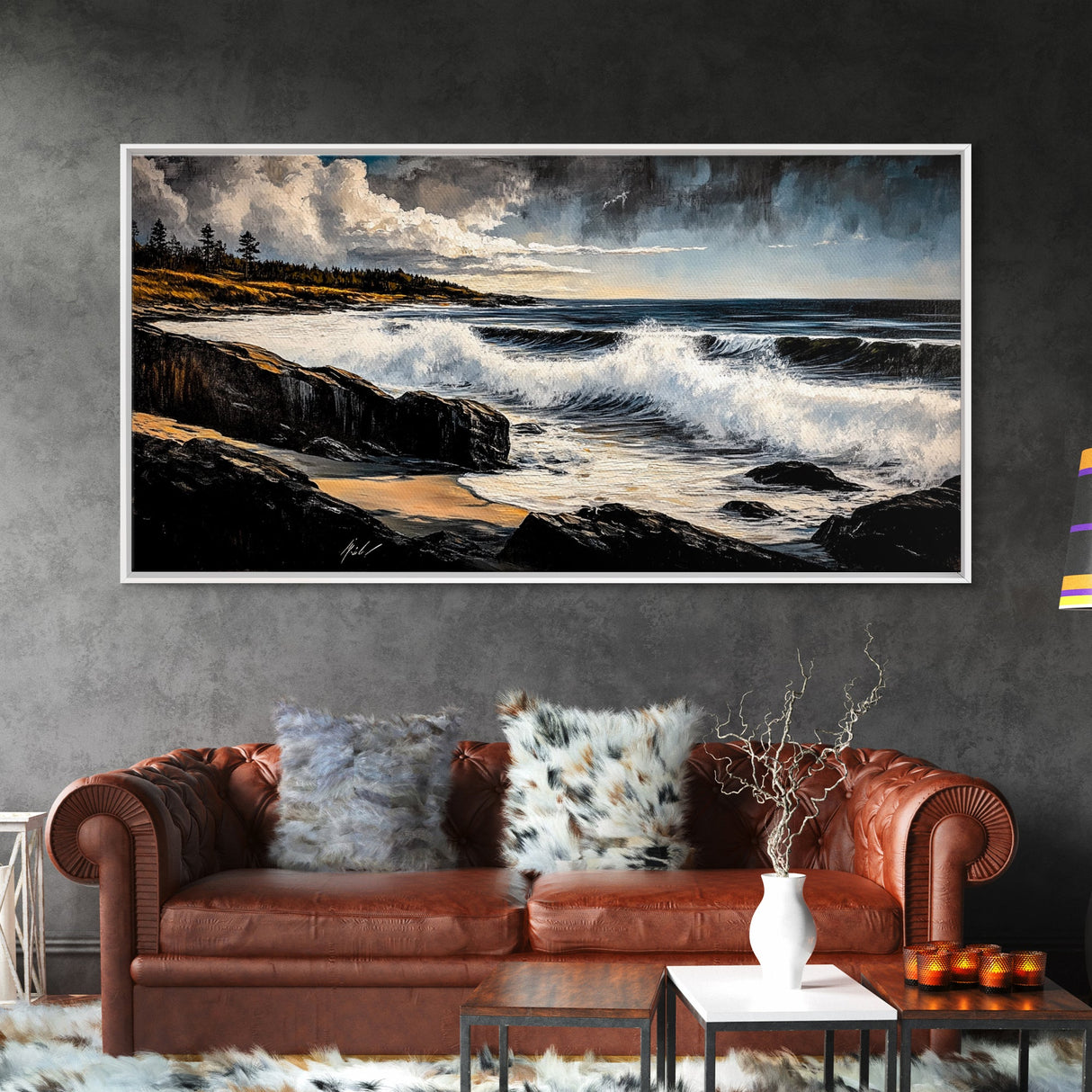 Stormy Waves, Dramatic Seascape, Moody Sky, Framed Canvas Print, Beach House Art, Living Room Wall Art, Modern Coastal Decor