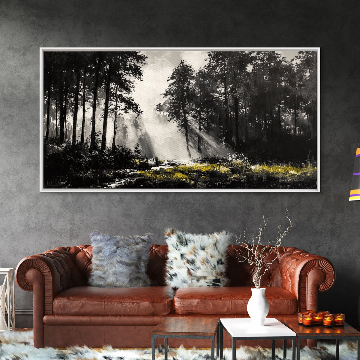 Misty Forest, Black and White, Nature Landscape, Framed Canvas Print, Tree Art, Moody Wall Decor, Rustic Cabin Art, Office Wall Art