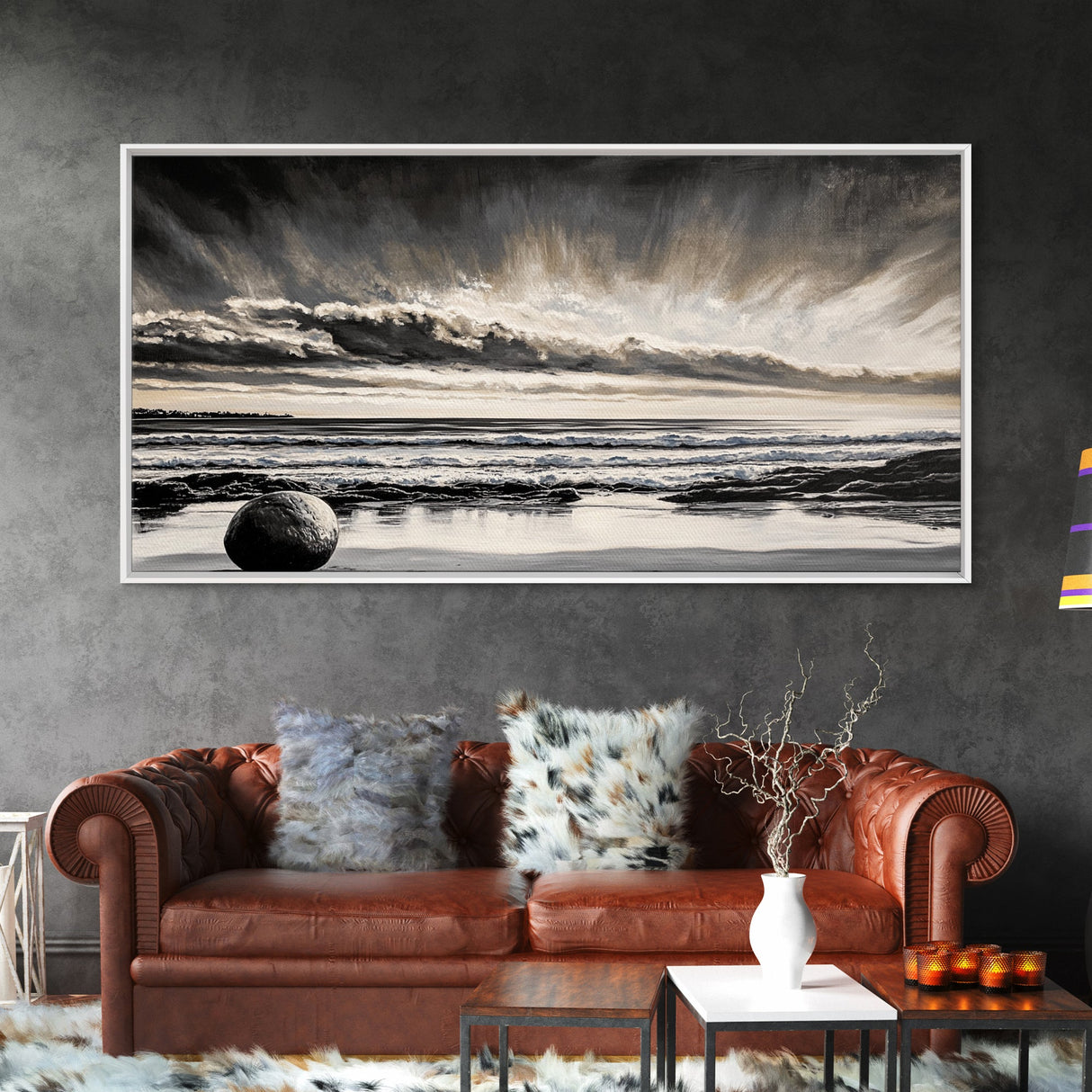 Moody Beach, Black White, Ocean Sunset, Canvas Print, Dramatic Seascape, Coastal Wall Art, Relaxing Home Decor, Living Room Artwork