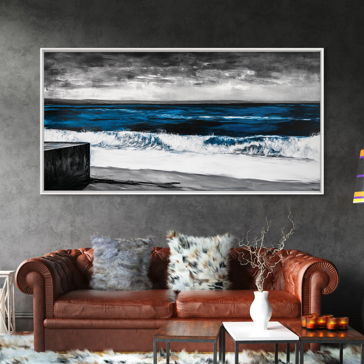 Ocean Waves, Moody, Blue, Coastal, Framed Canvas Print, Seascape Painting, Beach House Decor, Nautical Wall Art, Large Wall Art