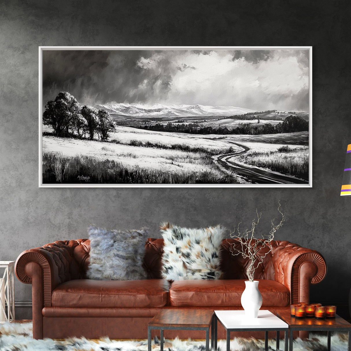 Winter Landscape, Black White, Scenic Country Road, Framed Canvas Print, Serene Nature Art, Rustic Wall Decor, Bedroom Artwork
