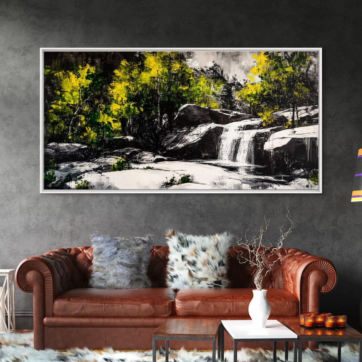 Waterfall Scene, Nature Art, Black and White Landscape, Rustic Cabin Decor, Wilderness Painting, Relaxing Wall Art, Canvas Print