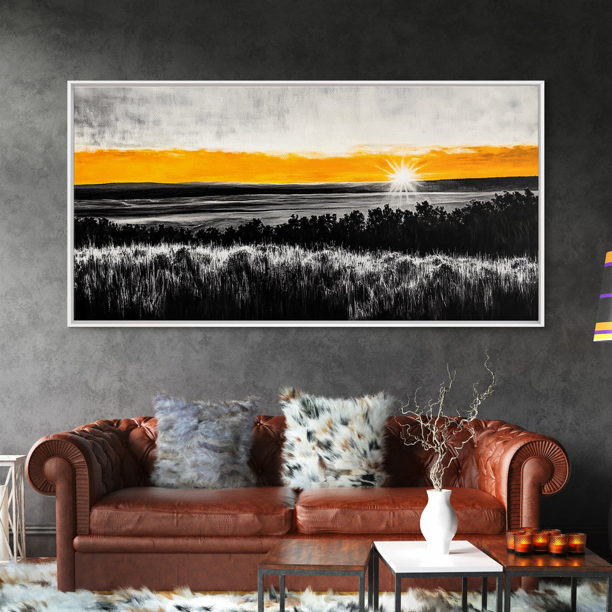 Sunrise Over Fields, Golden Light, Black and White Contrast, Tranquil Scene, Minimalist Wall Art, Warm Tones, Framed Canvas Print