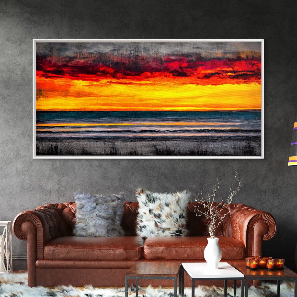 Sunset Beach, Ocean Art, Coastal Landscape, Modern Canvas Print, Boho Wall Art, Vibrant Seascape, Living Room Decor, Bold Art