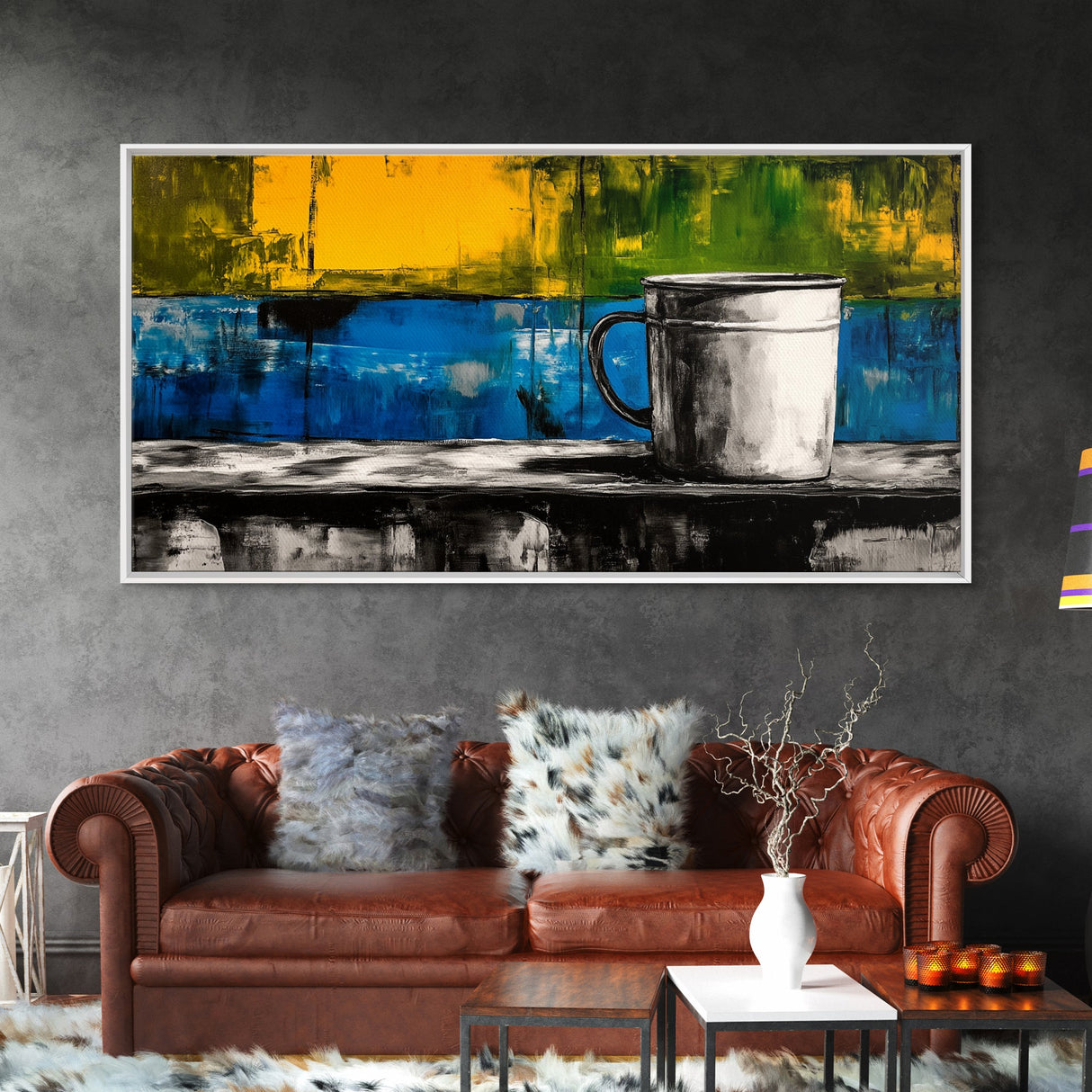 Abstract Mug Art, Colorful Kitchen Decor, Coffee Lover Gift, Modern Wall Art, Framed Canvas Print, Vibrant Home Accent