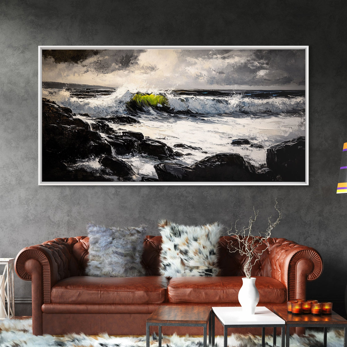 Stormy Sea, Coastal Waves, Nature Painting, Dramatic Seascape, Beach House Art, Framed Canvas Print, Living Room Decor, Ocean Landscape