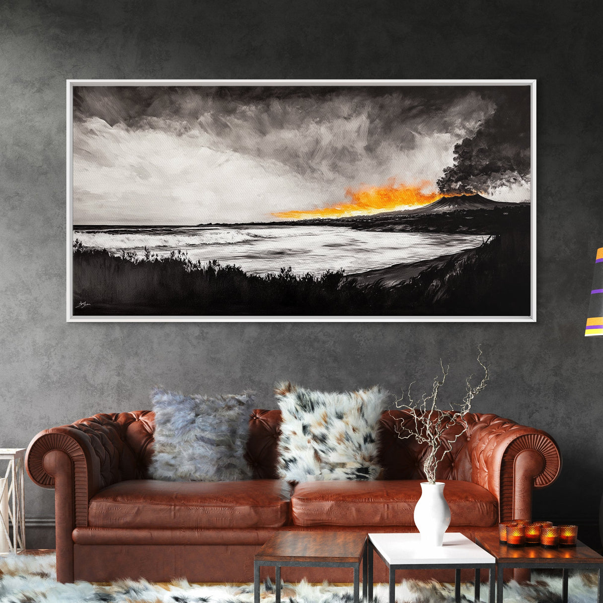 Volcano Eruption, Dramatic Landscape Art, Black and White Wall Art, Fiery Sunset Painting, Large Framed Canvas Print, Office Decor
