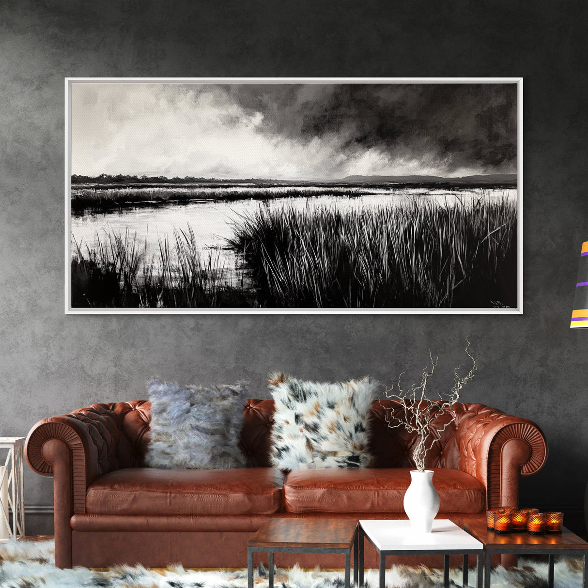 Marshland Landscape, Moody Black and White Art, Nature Wall Decor, Large Framed Canvas Print, Serene Wetlands Painting