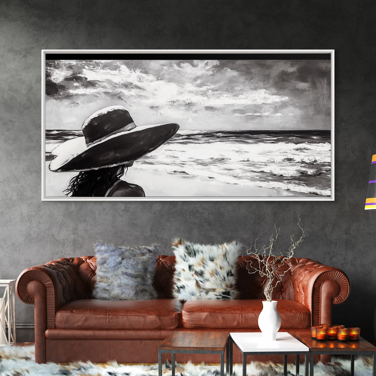 Woman at Beach, Black and White Wall Art, Minimalist Canvas Print, Modern Coastal Decor, Ocean View Art, Living Room Wall Art