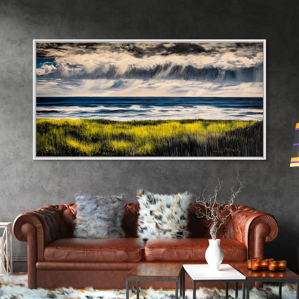 Rain Over Ocean, Blue Seascape, Beach House Decor, Coastal Art, Atmospheric Painting, Nature Inspired, Office Wall Art, Framed Canvas Print