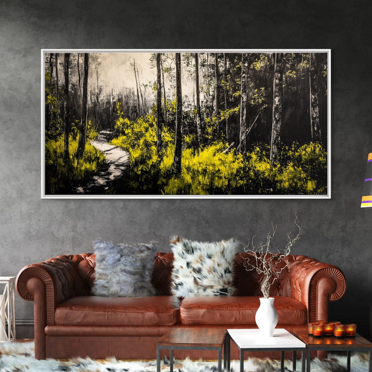 Forest Pathway, Autumn Woodland, Yellow Foliage, Moody Nature Art, Black and White, Peaceful Retreat, Cabin Wall Decor, Framed Canvas Print