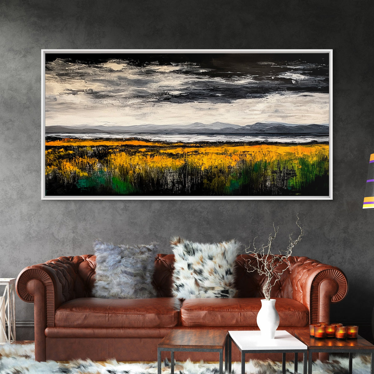 Moody Landscape Painting, Autumn Field Art, Dark Sky Nature Wall Decor, Rustic Country Home Art, Earthy Farmhouse Style, Canvas Print