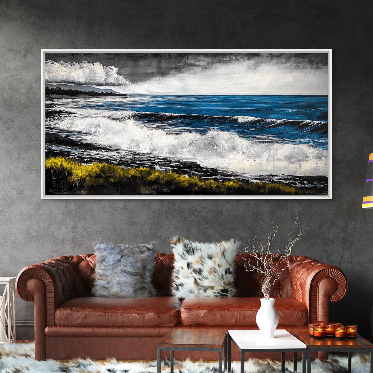 Tropical Shore, Emerald Waters, Stormy Sky, Canvas Print, Coastal Wall Art, Beach House Decor, Ocean Painting, Living Room Artwork