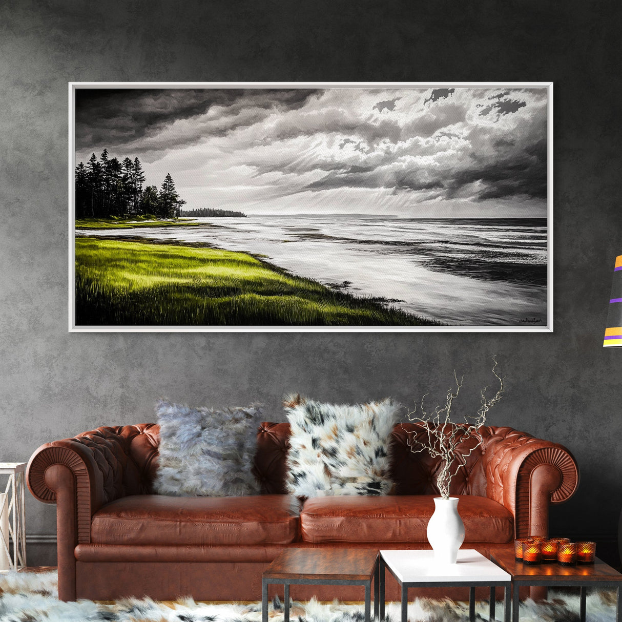 Stormy Beach, Coastal Horizon, Monochrome Landscape, Framed Canvas Print, Minimalist Art, Modern Living Room Decor, Dramatic Ocean Scene