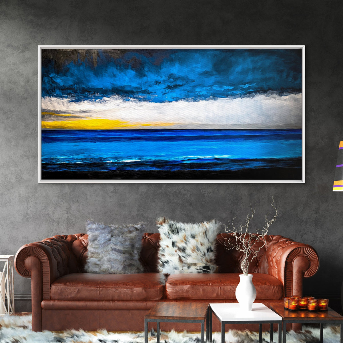 Ocean Waves, Deep Blue, Stormy Sky, Coastal Painting, Modern Seascape, Framed Canvas Print, Beach House Decor, Minimalist Wall Art