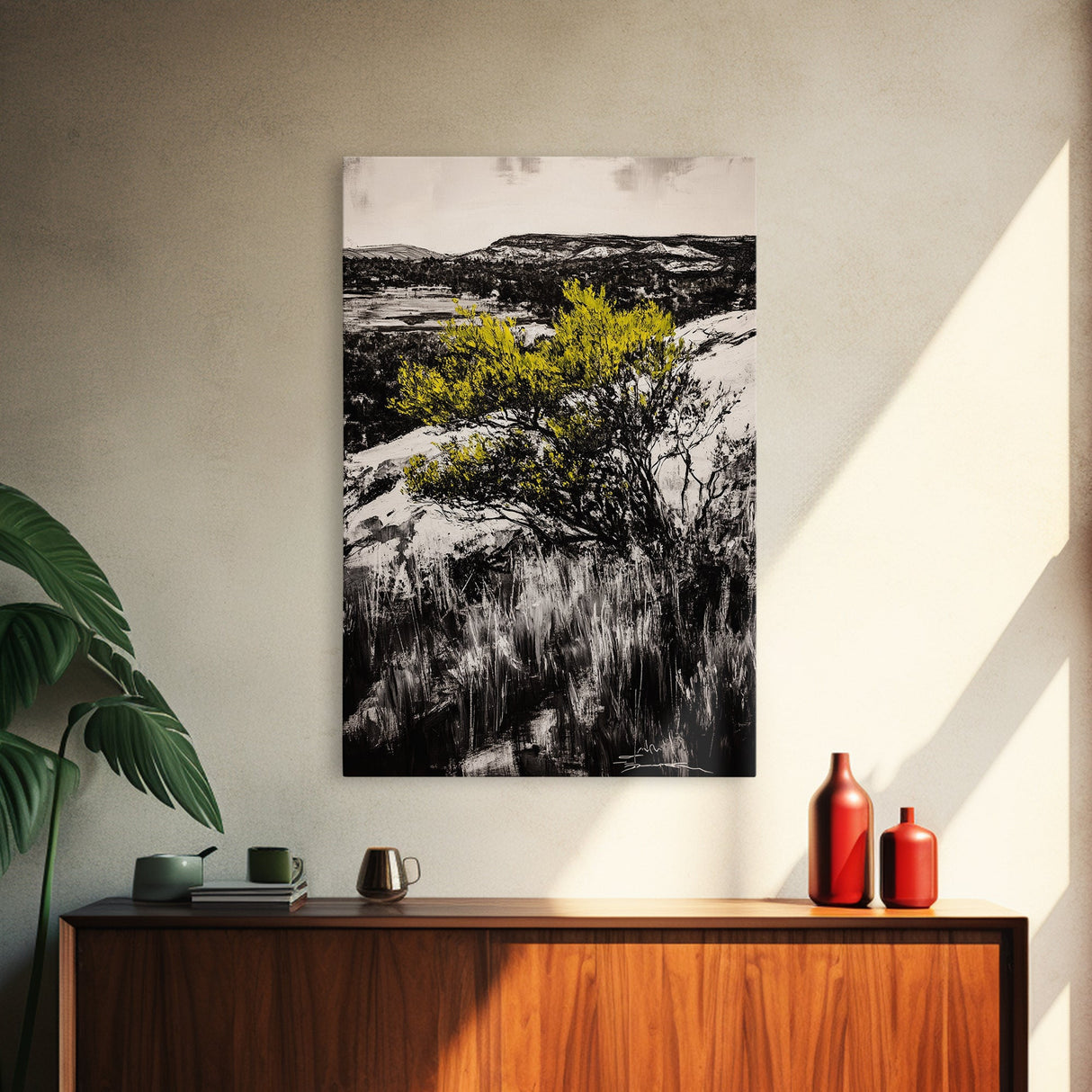 Desert Landscape Art, Minimalist Nature Print, Monochrome Decor, Rustic Mountain Scene, Living Room Wall Art, Framed Canvas Print